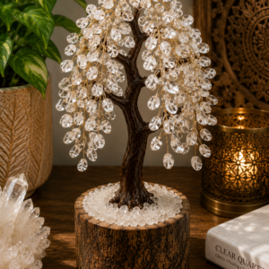 Handcrafted Clear Quartz Crystal Tree on Natural Wooden Base | Premium Gemstone Décor
