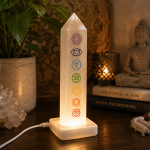 Selenite Chakra Tower LED Lamp | Natural Crystal Obelisk with LED Base