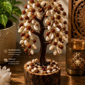 Handcrafted Rudraksha & Shell Decorative Tree on Natural Wooden Base