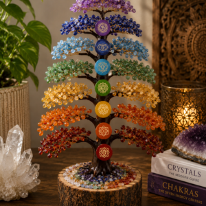 Handcrafted Seven Chakra Crystal Tree on Wooden Base | Natural Multi Gemstone Décor