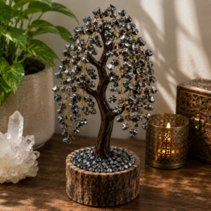 Handcrafted Hematite Crystal Tree with Natural Wooden Base | Premium Decorative Tree