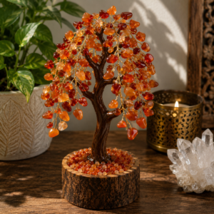 Handcrafted Carnelian Crystal Tree on Wooden Base | Natural Gemstone Décor