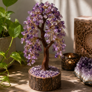 Handcrafted Amethyst Crystal Tree with Natural Wooden Base | Premium Gemstone Décor