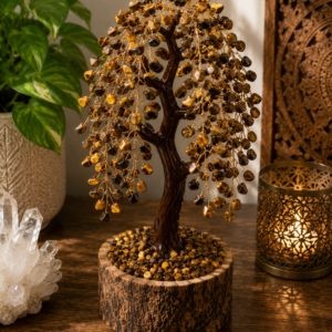 Handcrafted Tiger Eye Crystal Tree with Wooden Base | Natural Gemstone Home Décor