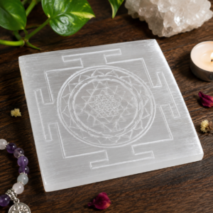Natural Selenite Shri Yantra Charging Plate | Crystal Charging & Altar Plate