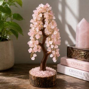 Handcrafted Rose Quartz Crystal Tree on Natural Wooden Base | Natural Gemstone Home Décor